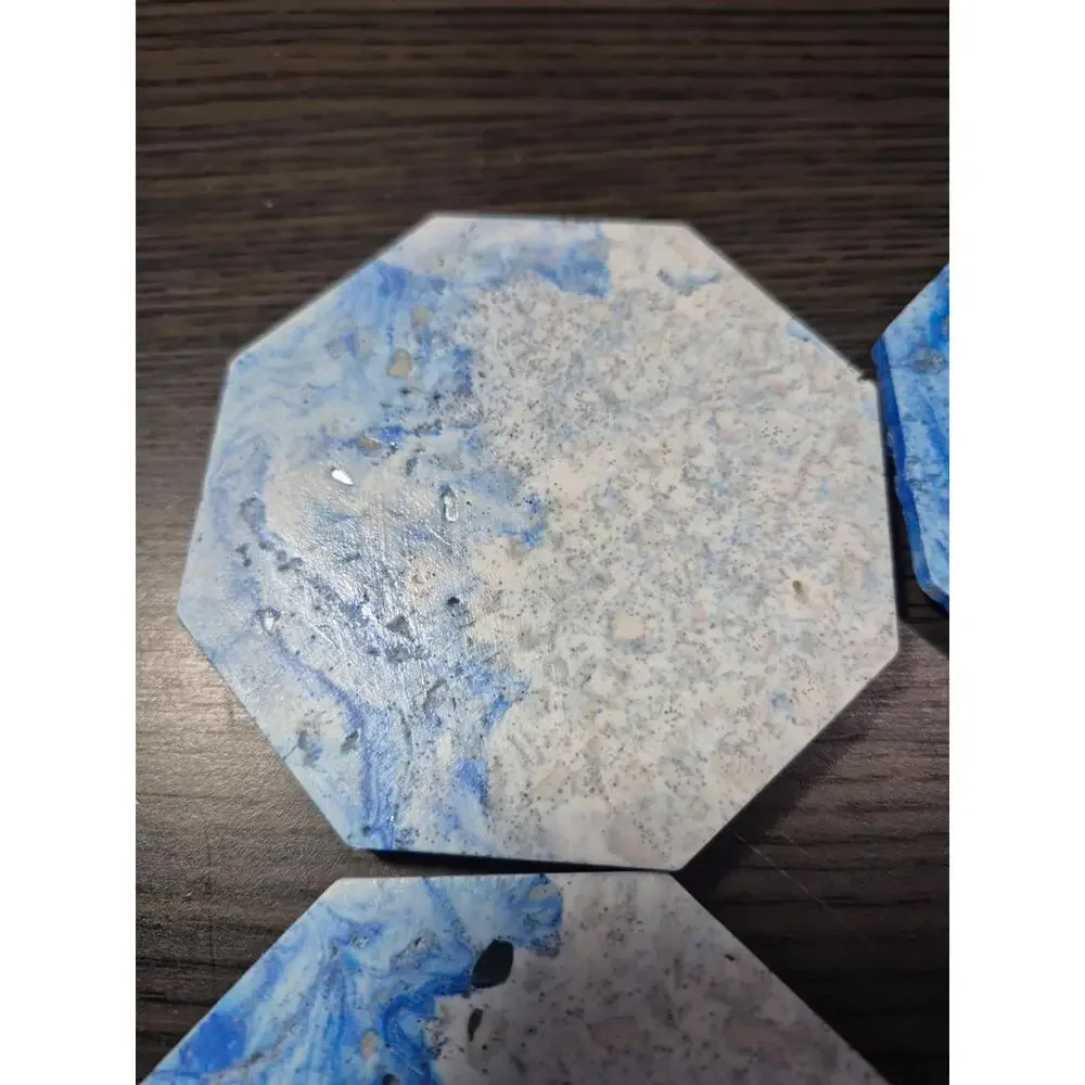 4 White/Blue/Gray Marbled Eco Resin Stone Look Hexagon Coasters 3 5/8” Handmade